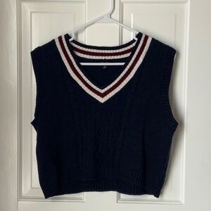 Witty Fox Women’s Small Navy Cable Knit Sweater Vest with Striped V-Neck